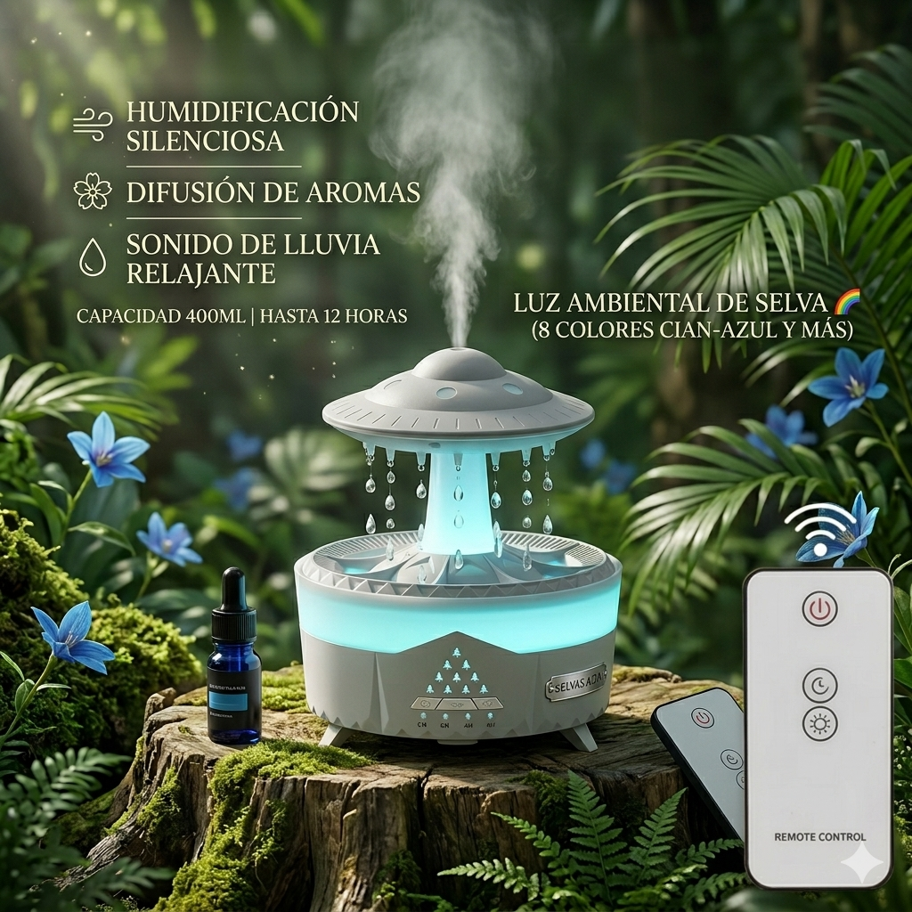 Humidificador de nubes de lluvia Goteo de agua con humidificador de gotas de lluvia remoto Difusor de nubes de lluvia Humidificador de aire de hongo con lámpara de lluvia