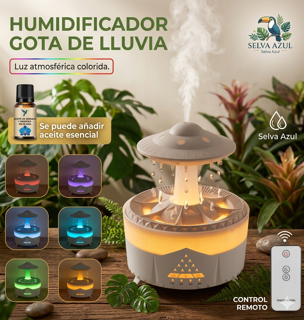 Humidificador de nubes de lluvia Goteo de agua con humidificador de gotas de lluvia remoto Difusor de nubes de lluvia Humidificador de aire de hongo con lámpara de lluvia